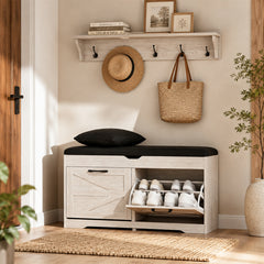 VitoEone White Farmhouse Shoe Storage Bench Organizer with Cushion for Entryway