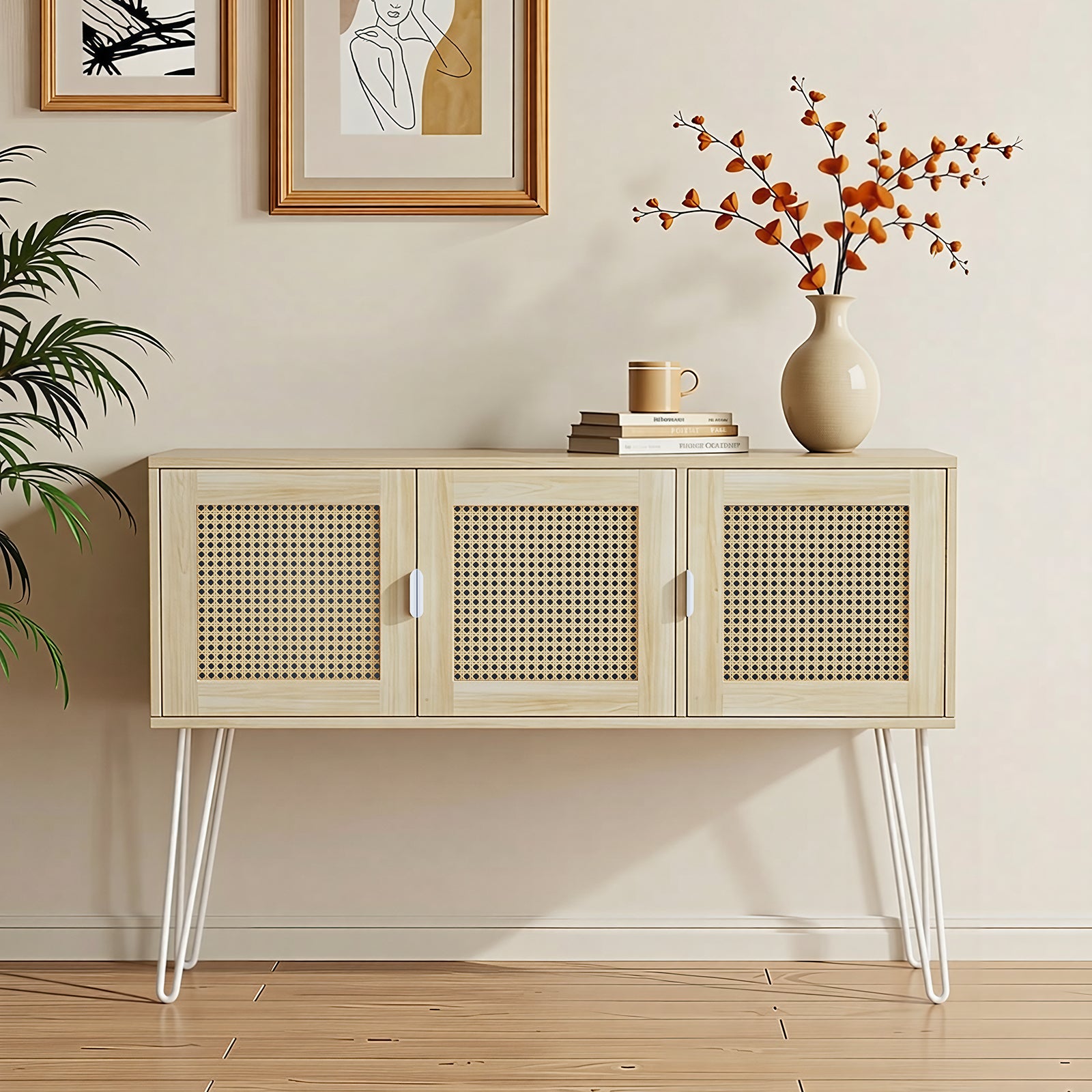 VitoEone 47" Entryway Console Table with Storage, Rattan Cabinet Hallway Table with 3 Doors, Farmhouse Sofa Couch Table for Living Room, Foyer, Anti-Tip, Natural