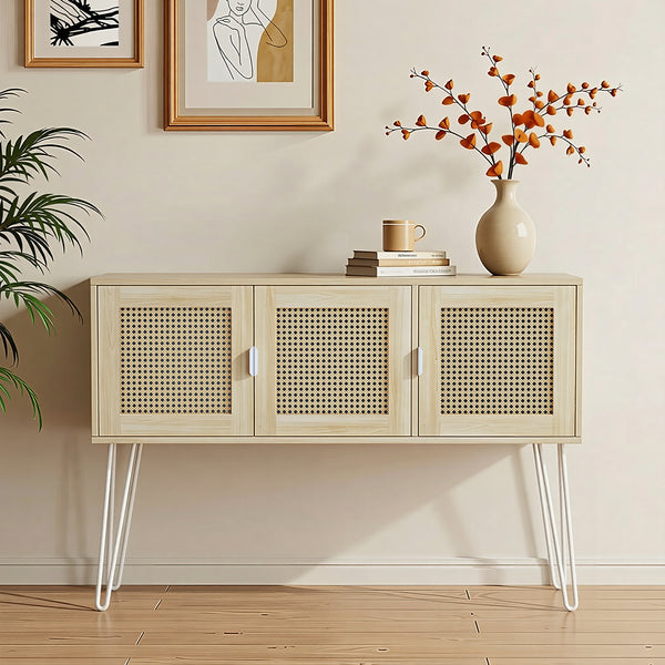VitoEone 47" Entryway Console Table with Storage, Rattan Cabinet Hallway Table with 3 Doors, Farmhouse Sofa Couch Table for Living Room, Foyer, Anti-Tip, Natural