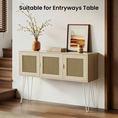 Beige side table with wicker doors in a room setting