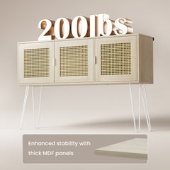 Beige cabinet with rattan doors and metal legs, featuring a weight indicator on a plain background.