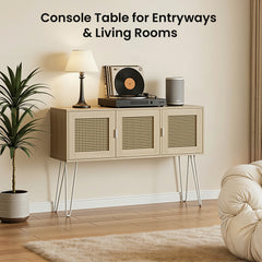 Console table with decorative items in a living room setting