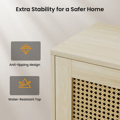 Wooden cabinet with anti-tipping design and water-resistant top features on a light background