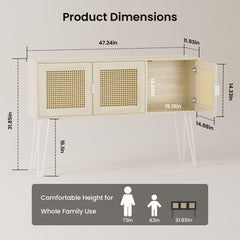 Dimensions of a wooden cabinet with wicker doors on a light gray background