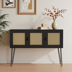 Black cabinet with wicker doors in a room with a plant and framed art on the wall.