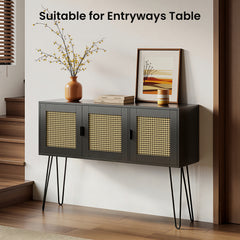 Modern side table with wicker doors in a home setting