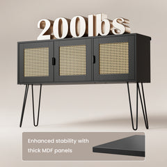 Black cabinet with wicker doors and '200lbs' sign on a beige background