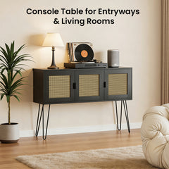 Console table with decorative items in a living room setting
