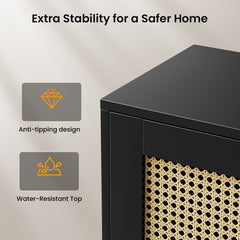 Black storage unit with anti-tipping design and water-resistant top features on a light background