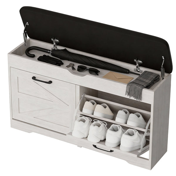 White shoe storage bench with open lid showing shoes, an umbrella, and other items.