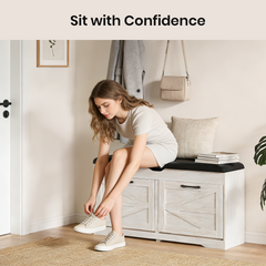 Woman sitting on a wooden bench putting on shoes with text 'Sit with Confidence' above.