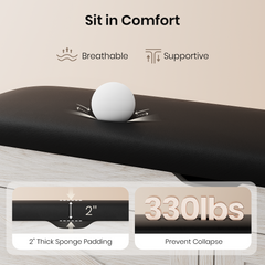 Massage table with a white ball on top, highlighting comfort features like breathable and supportive design.