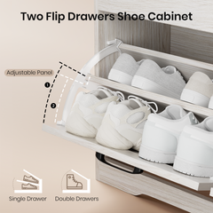 Two flip drawers shoe cabinet with shoes inside, showing adjustable panel feature.