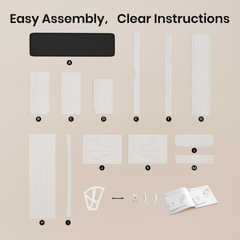 Assembly kit components on a beige background with text 'Easy Assembly, Clear Instructions'.