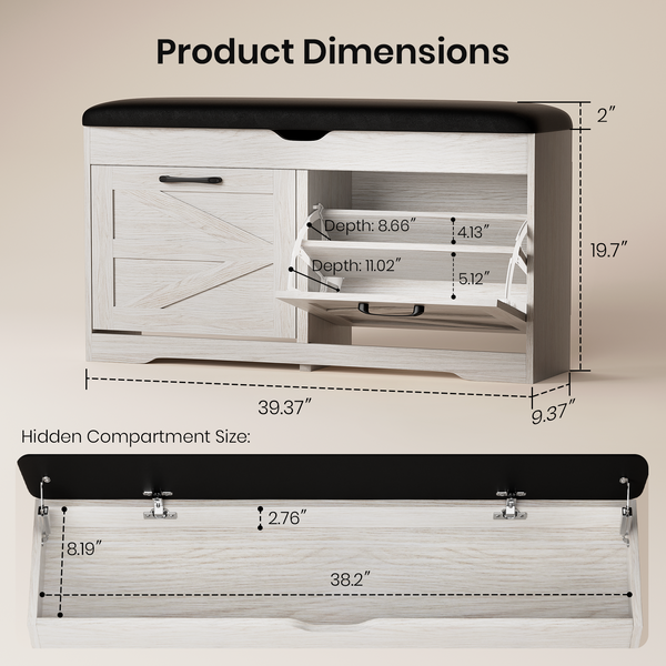Product dimensions of a storage bench with hidden compartment shown on a beige background.